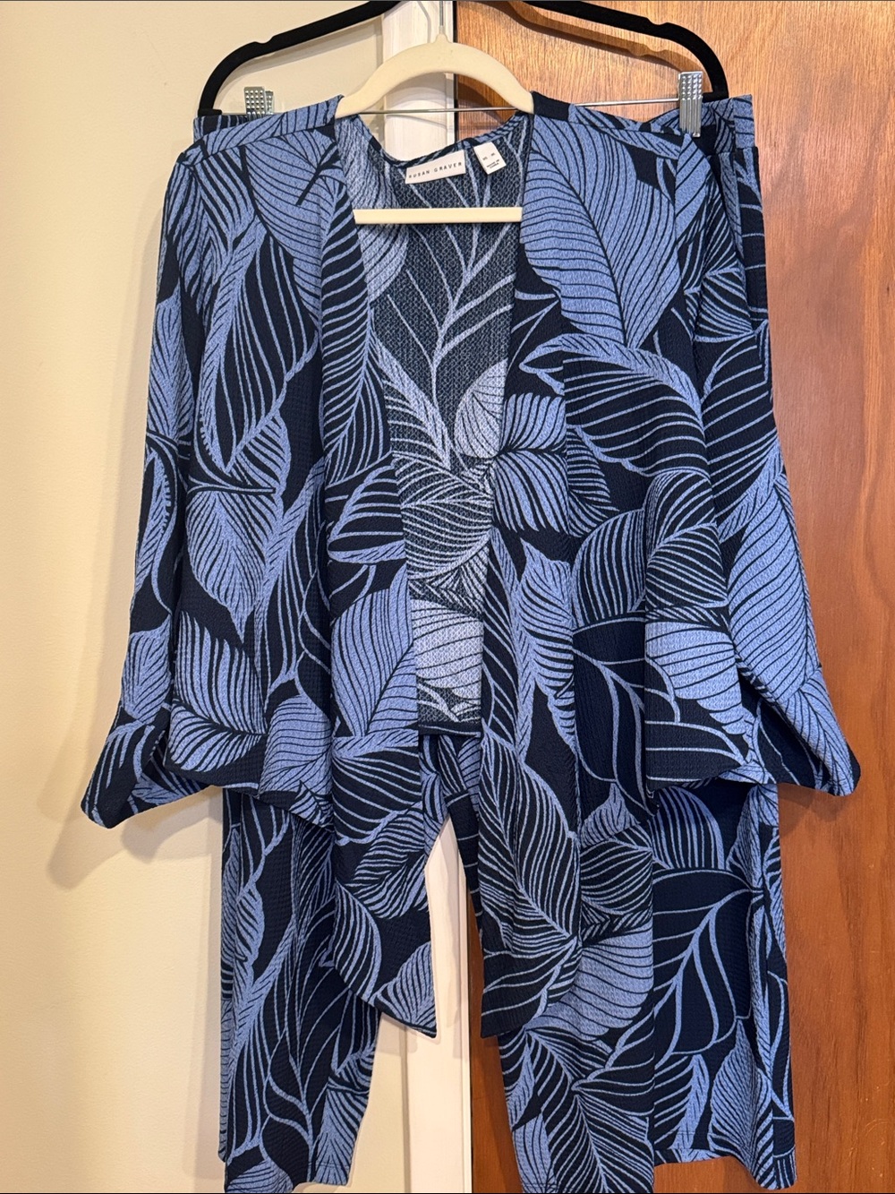Susan Graver Navy & Light Blue Leaf-Print Cropped Pant and Jacket Set